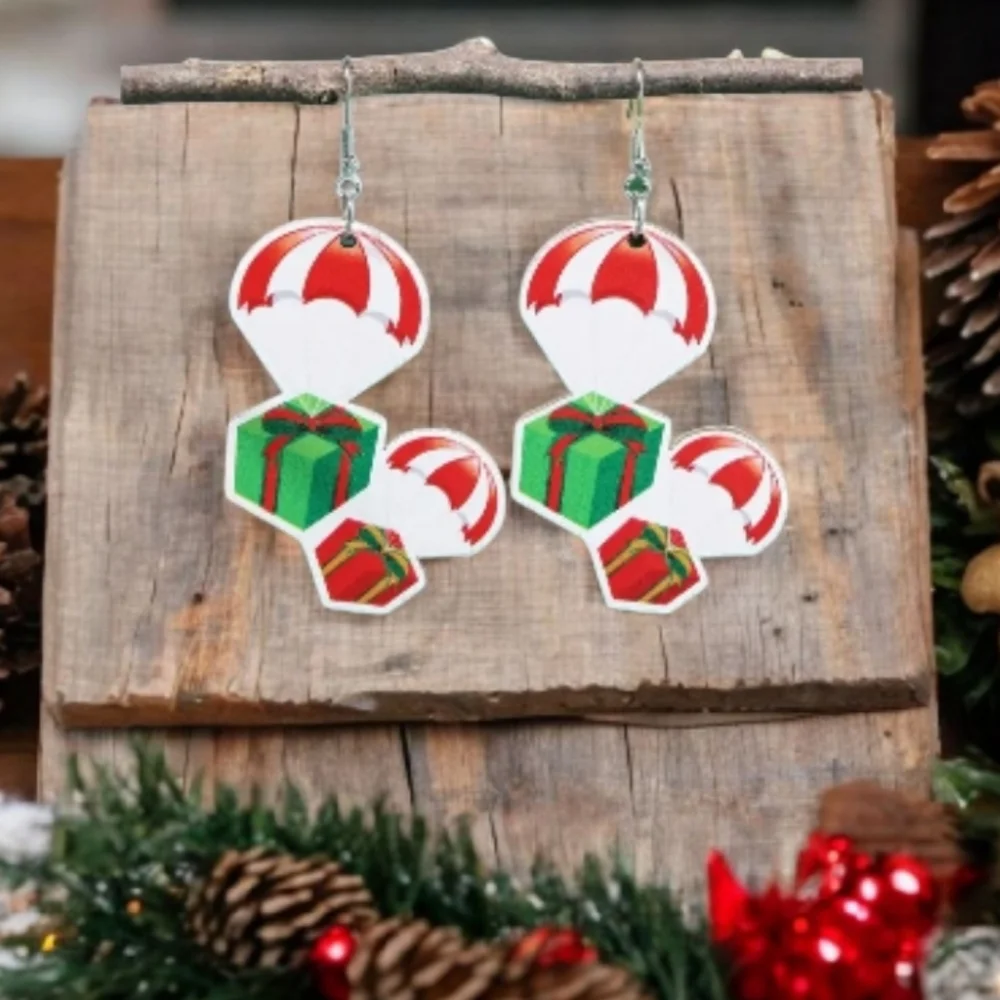 Festive Christmas Parachute Gifts Presents Wooden Womens Dangle Drop Earrings‎